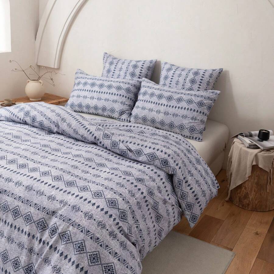 Bộ vỏ chăn duvet phong cách Bohemian 2/3 món, họa tiết tam giác hình học màu xanh và be với bề mặt giả giặt, vải polyester dày 110g, khóa kéo, thoáng khí, cho phòng ngủ và phòng khách, quà tặng ngày lễ hoàn hảo - Màu xanh bụi bặm - Xem 1