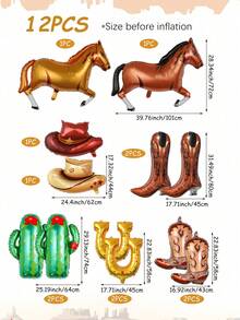 6/12pcs Western Theme Party Balloon Set, Includes Horse Balloon, Brown Hat, Boots, Cactus Balloon, Horseshoe Foil Balloon, Suitable For Western Theme, Birthday Party, First Rodeo Theme Party, Bachelor Party, Farm Theme - Multicolor - View 2