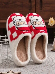 Autumn/Winter Christmas Plaid Santa Claus Embroidered Plush Closed-Toe Slippers, Thickened Anti-Slip Thermal Lined House Slippers - Red - View 3