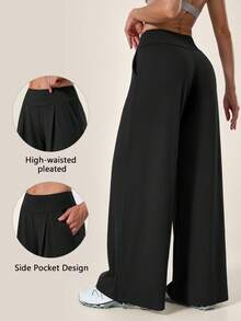 TimeOff 1pc Women Loose Fit Cinched Waist Pockets Wide Leg Sports Pants - Black - View 10