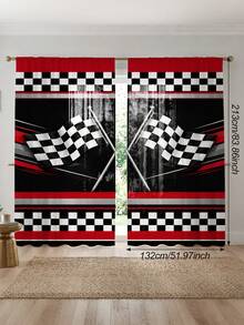 2Pcs Racing Black And White Checkered Flag Print Curtains, Speed Theme Racing Style Semi-Sheer Rod Pocket Window Decor, Suitable For Living Room And Bedroom, Rod Not Included, Machine Washable - Black and White Checkered Racing Flag - View 13