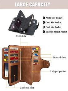 EIGIIS Women's Wallet PU Leather Trifold Wallet With Zipper Coin Pocket Slim Credit Card Holder, Large Capacity Clutch Purse With ID Window - Long - View 3