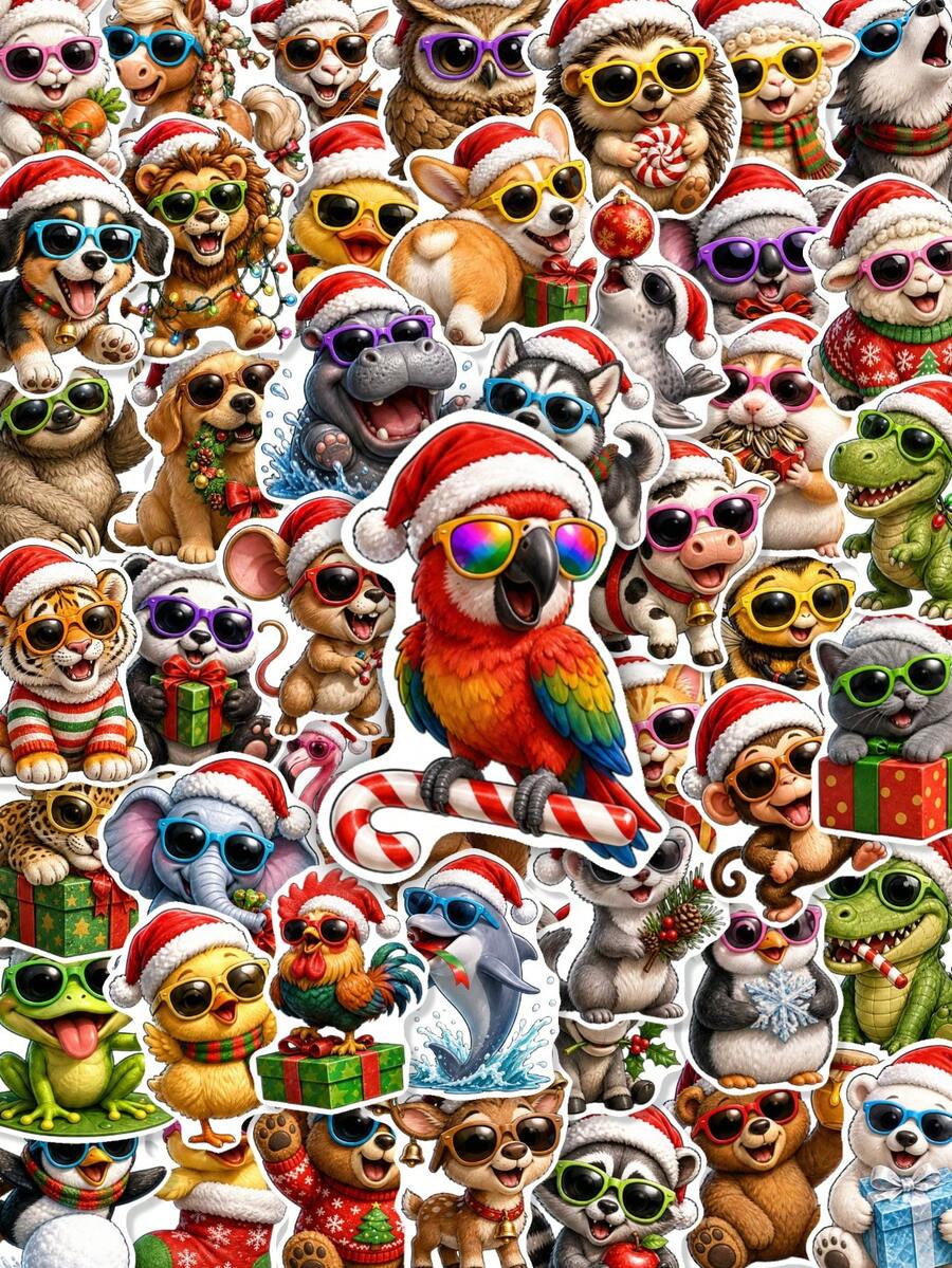 50pcs Cool Christmas Animal Stickers, Classic Fashion Glasses Christmas Animal Holiday Pattern Stickers, Suitable For Christmas Party Gift Boxes, Greeting Cards, Window Decoration Holiday Stickers - Multicolor - View 1