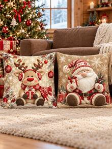shangxia 2PCS-Christmas Pattern Printed Pillow Covers, Cute Santa Claus Red Nose Reindeer Snowflake Ball Decor Sofa Cushion Covers---(Pillow Insert Not Included) - Multicolor - View 2