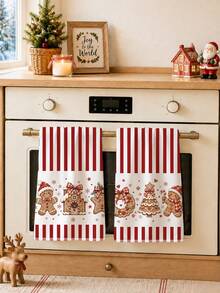 2pcs Christmas Red Striped Gingerbread Man Gingerbread House Christmas Tree Pattern Kitchen Towels, Soft Polyester Material Dish Cloths, Suitable For Kitchen Decor, Kitchen Cleaning, Holiday Party Decoration, Kitchen Bathroom Supplies Home Essentials, Home Decor, Housewarming Gift - Multicolor - View 6
