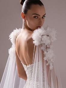1 Pair 3D Floral Lace Embroidered Cathedral Style Tulle Bridal Shoulder Wrap, Detachable Flowing Shoulder Wrap, Suitable For Garden Wedding And Bridal Photography - White - View 4