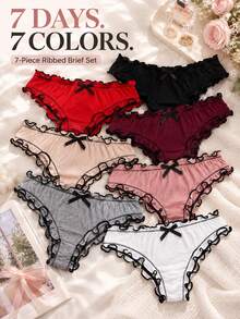 Juego de 7 bragas informales para mujer, con lazo y decoración de volantes, aptas para uso diario - Multicolor - Ver 3