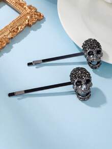2pcs Gothic Skull Rhinestone Bobby Pins Punk Metal Hair Clips For Halloween - Multicolor - View 5