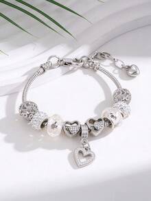 1pc Rhinestone Heart-Shaped Brass Bracelet, Suitable For Women's Daily Wear And Valentine's Day Gift. Valentine's Day, Mom, Mother's Day Gift - Silver - View 1