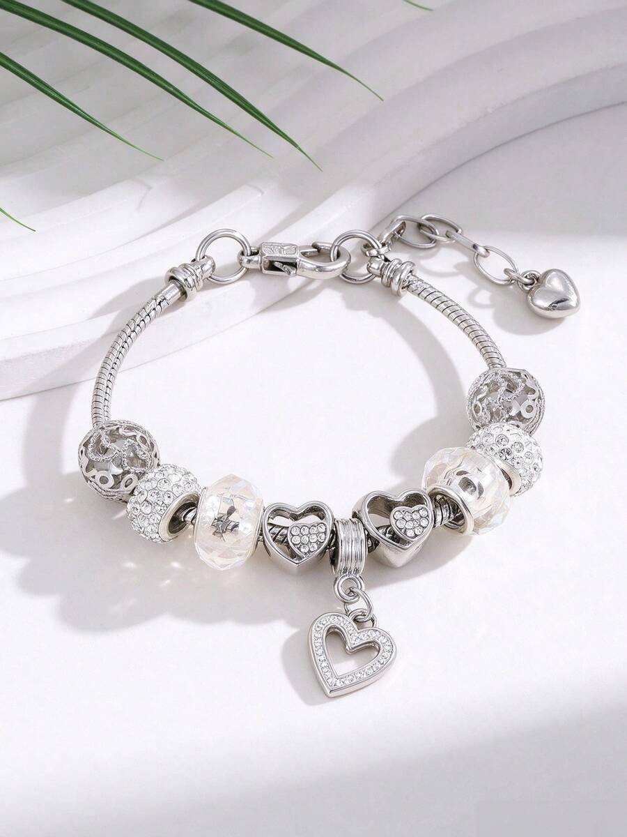 1pc Rhinestone Heart-Shaped Brass Bracelet, Suitable For Women's Daily Wear And Valentine's Day Gift. Valentine's Day, Mom, Mother's Day Gift - Silver - View 1