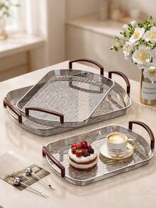 1pc PET Oval Serving Tray With Faux Wood Grain Handle, Water Ripple Pattern Transparent Tray, Multi-Functional For Ramadan Eid, Kitchen Dining Table, Dessert Coffee, Halloween Christmas Home Decor - Grey - View 4