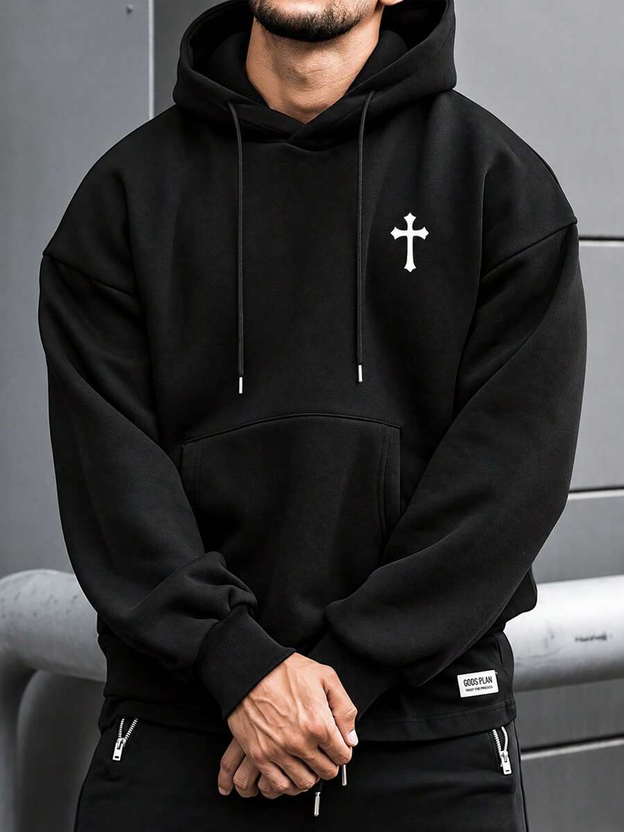 男士大尺碼十字印花連帽衛衣,大尺碼休閒長袖套頭運動衫,附抽繩與袋鼠口袋,秋冬街頭風 - 黑色 - 查看 1