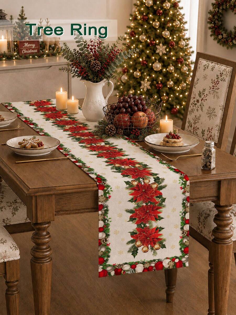 1pc Christmas Decorative Table Runner, Suitable For Christmas Holiday Dining Decoration, Machine Washable Tablecloth, Fit For Christmas Home Decor And Kitchen Setting, Fireplace Mantel Decor, Fits Various Table Sizes - Red - View 1