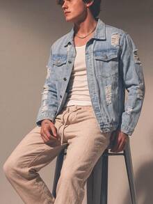 Men's Vintage Light Wash Distressed Denim Jacket, Y2K Lapel Front Button Back Hollow Out Large Ripped Frayed Long Sleeve Button-Up Cardigan Denim Jacket - Light Wash - View 1