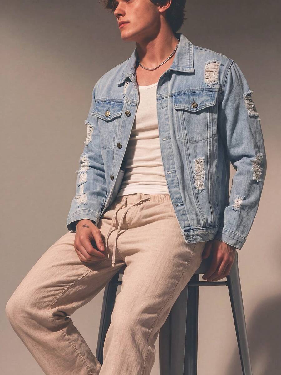 Men's Vintage Light Wash Distressed Denim Jacket, Y2K Lapel Front Button Back Hollow Out Large Ripped Frayed Long Sleeve Button-Up Cardigan Denim Jacket - Light Wash - View 1