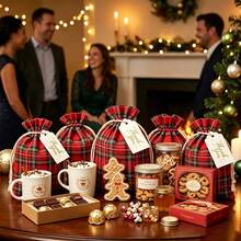 6/12pcs Red Plaid Drawstring Bags - Small Gift Bags With Plaid Pattern And Drawstring Closure, Suitable For Wedding Gifts, Jewelry Storage, Christmas Candy, Birthday Party Supplies, Beaded Craft Finished Products (Fabric Material) - Multicolor - View 3