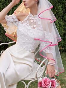 1 Pc Two-Tier Pink Satin Ribbon Edge Short Bridal Veil With Comb, Hair Accessory For Bachelorette Party, Wedding Photoshoot & Registry - White - View 9