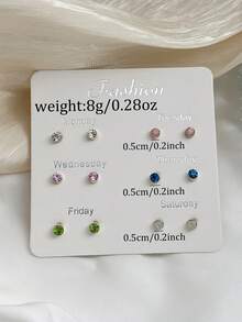 6 Pairs Cute Delicate Multicolor Rhinestone Stud Earrings, Suitable For Women's Daily Casual Wear, Low Allergy Jewelry, Holiday Gift - Multicolor - View 4