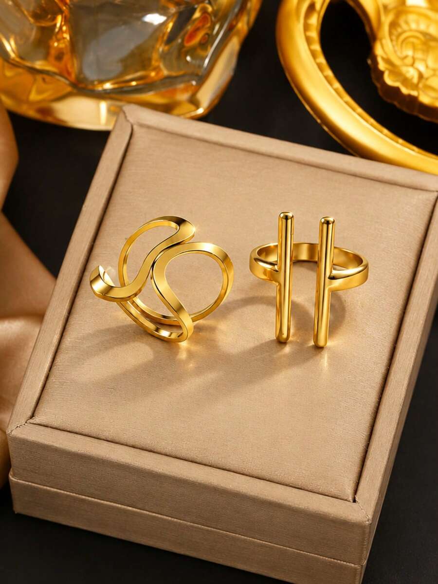 VceTd 1/2PCS Minimalist Business Style Hollow Geometric Line Decorated Stainless Steel Women's Single Ring, Suitable For Daily Wear Or Fashion Street Photography - Yellow Gold - View 1