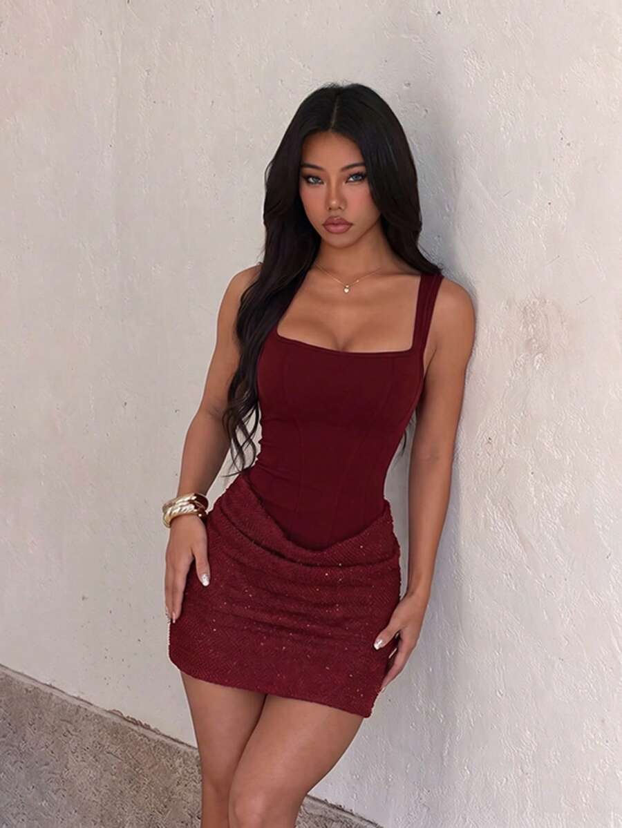 Autumn/Winter Party Dress, Homecoming Prom Evening Gown, Sexy Shiny Patchwork Beach Dress, Suitable For Halloween, Birthday - Burgundy - View 1
