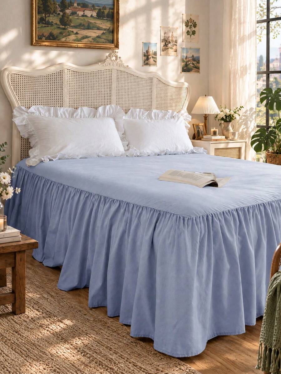 1pc Bed Skirt, Bedding, Soft & Breathable Bed Sheet, Ruffled Hem With Elastic Band, Comfortable Sleep, Lightweight & Elegant, Cloud-Like Soft Texture, Suitable For Twin, Full, Queen, King Size Beds, Machine Washable, Princess Style Room Decor - Light Blue - View 1