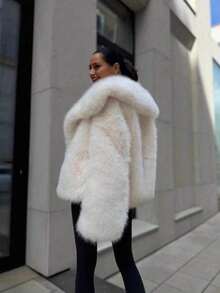 Women's Winter Solid Color Faux Fur Coat, Large Lapel Open Front Loose Thickened Plush Jacket - White - View 10