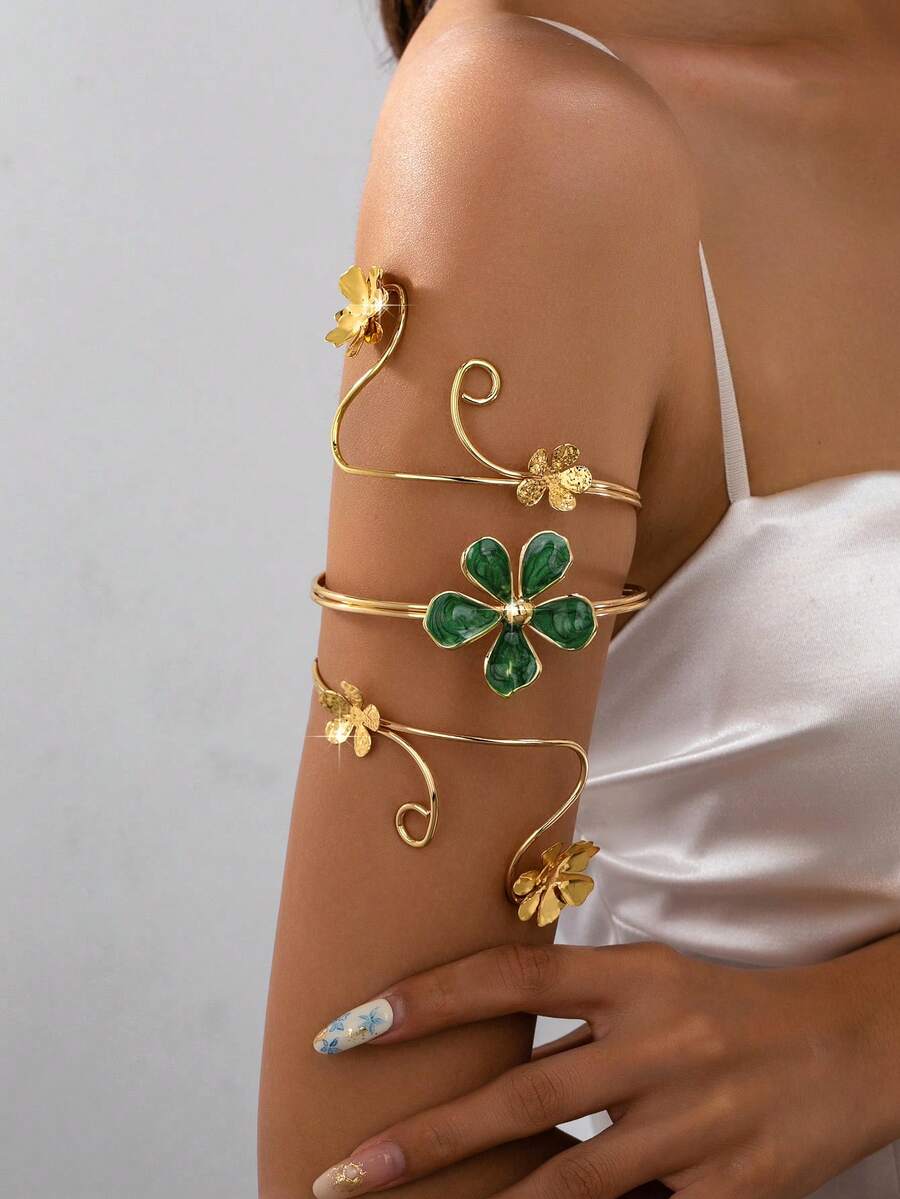 1件時尚金屬花朵元素吊墜手鍊,適合女性日常配戴與海灘度假 - 綠色 - 查看 1