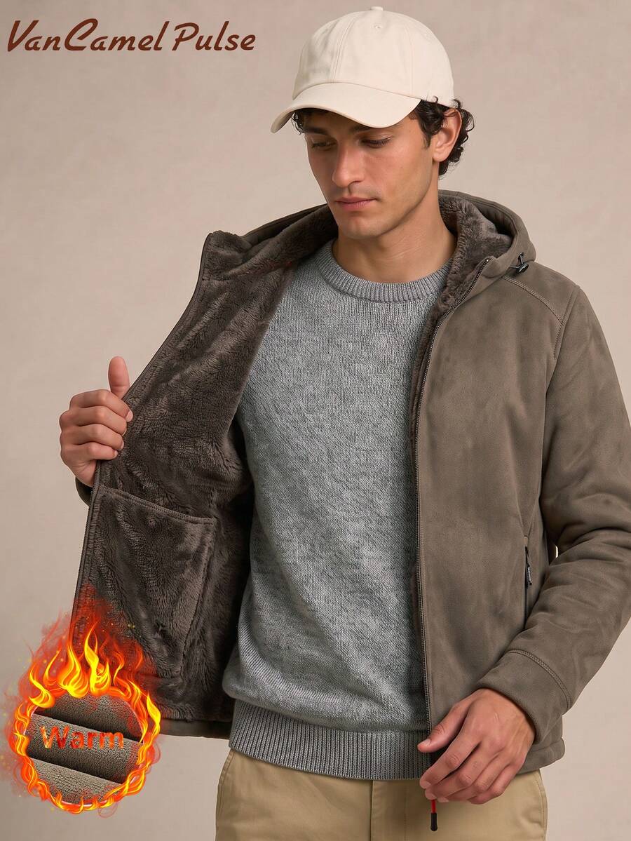 Vancamel Pulse Men's Solid Color Hooded Thermal Lined Jacket, Outdoor Commute Warm Jacket, Versatile Sporty Minimalist Coat, Autumn/Winter - Brown - View 1