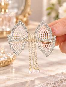 1pc Pearl Rhinestone Tassel Bow Hair Clip, Exquisite Vintage Hair Accessory, Fashionable Elegant Women's Hair Accessory - Multicolor - View 1