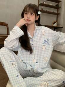 2pcs/Set Happy Puppy Print Women's Pajamas Long Sleeve Top And Pants Spring Autumn Skin-Friendly Loose Homewear Set - Blue and White - View 1