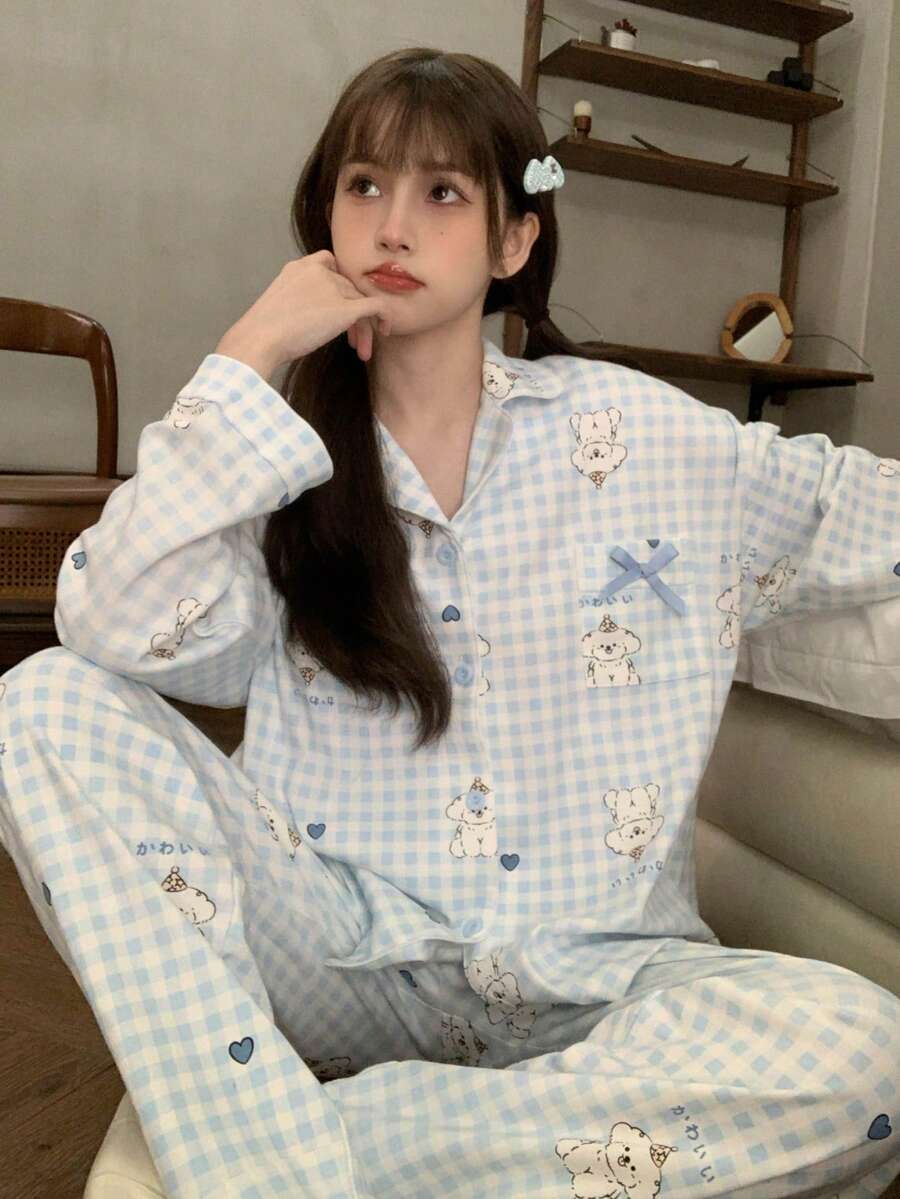 2pcs/Set Happy Puppy Print Women's Pajamas Long Sleeve Top And Pants Spring Autumn Skin-Friendly Loose Homewear Set - Blue and White - View 1
