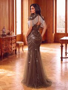 Stunning Mermaid Gown With Beaded Fringe Shawl, Open Back Lace-Up, Wavy Sequin Embroidery And Tulle Train, Suitable For Evening Party, Banquet And Ball - Brown - View 2