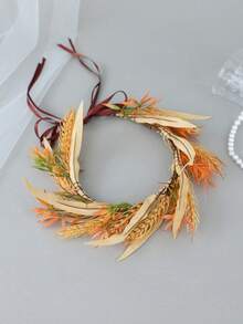1pc Faux Grain Leaf Floral Crown Headband With Ribbon Tie Boho Bridal Wedding Beach Photo Props Hair Accessories - Orange - View 4