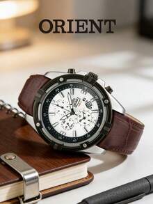 Orient Men's Quartz Chronograph Watch, Crocodile Embossed Brown Leather Strap, Panda White Dial With Multi-Function Sub-Dials, Rugged Dual-Tone Bezel, Racing Sports Watch - White - View 4