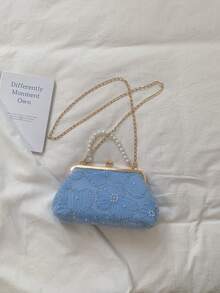 Dedoo 女款晚宴手拿包，接吻鎖設計，3D花卉刺繡，珍珠裝飾配雙層金鏈，可拆卸肩帶，浪漫甜美風，適合婚禮、舞會與派對 - 藍色 - 查看 7