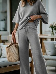 Women's Gray Crew Neck Raglan Three Quarter Sleeve Knit Sweater & Drawstring Wide Leg Pants Two Pieces Set, Casual Cozy Fall Winter Daily Wear - Grey - View 6