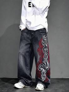 1pc American Retro High Street Hip Hop Men's Denim Jeans With Side Embroidery, Wide Leg, Casual Loose Fit, All Season Long Pants | Belt & Accessories Not Included - Black - View 1