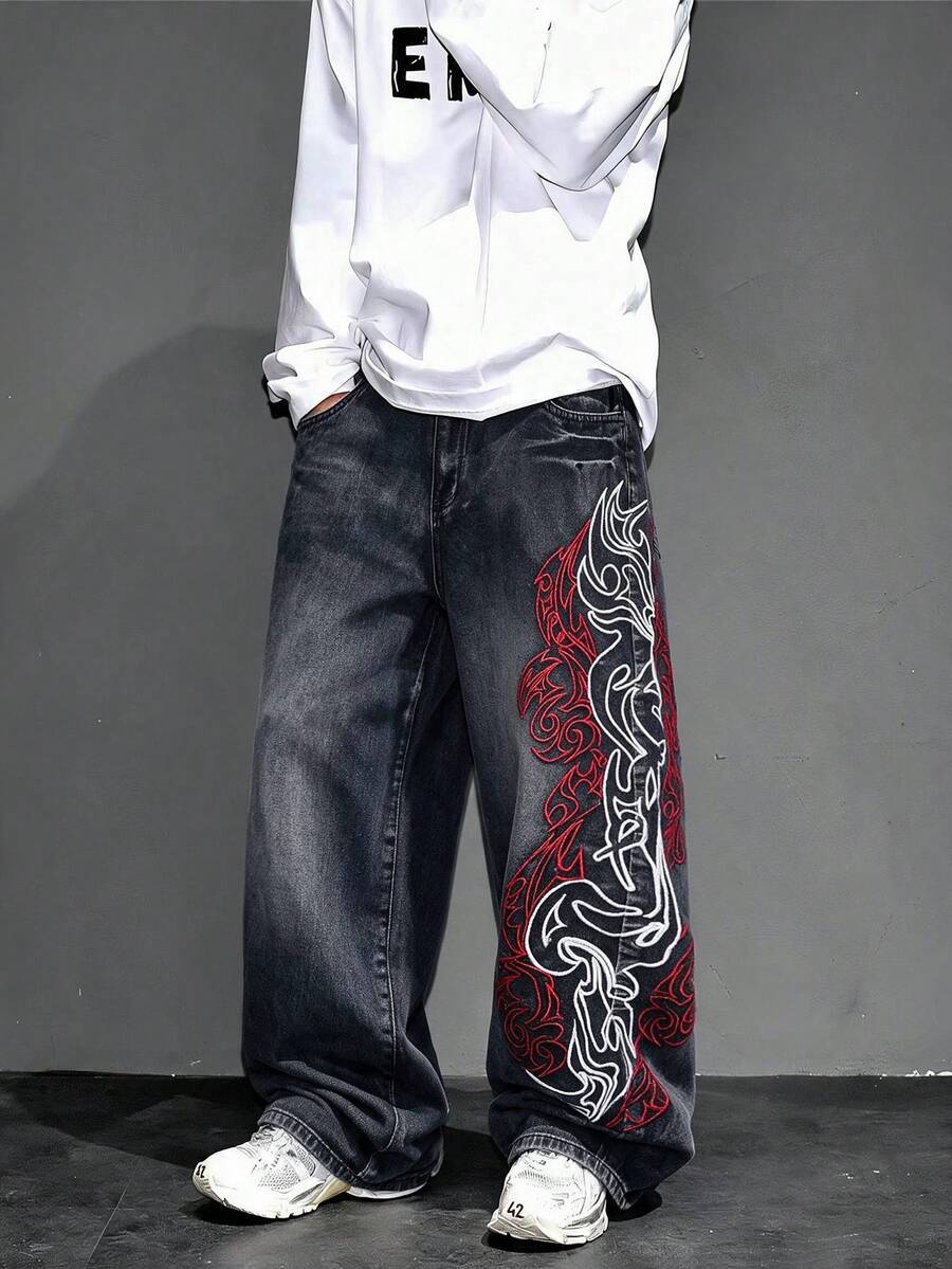 1pc American Retro High Street Hip Hop Men's Denim Jeans With Side Embroidery, Wide Leg, Casual Loose Fit, All Season Long Pants | Belt & Accessories Not Included - Black - View 1
