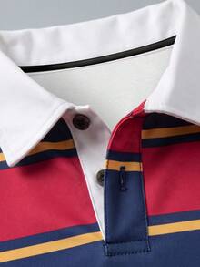 YUNCHI Men's Red Blue Yellow Striped Long Sleeve Polo Shirt With White Collar Contrast Decor, Retro Collegiate Casual Style - Multicolor - View 3