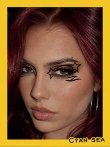 1pc Temporary Tattoo Sticker Music Festival Black Star & Curve Line Eye Face Makeup Pattern, Realistic Tattoo Design, Suitable For Daily Wear, Bachelorette Party Favors, Music Festivals, Games, Graduation Gifts, Lasts 3-5 Days - Black - View 5