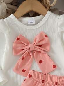 2pcs Baby Girl Cute Preppy Style Ribbed Long Sleeve Top + Heart Print Corduroy Skirt Set, Thin For Spring/Autumn - Coral Pink - View 4