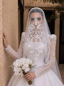 1pc Pearl Trim Lace Embroidered Bridal Veil Headband Mantilla Veil With Floral Scroll For Wedding - Off White - View 5