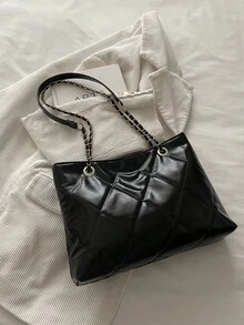 跨境刺繡菱格紋時尚休閒個性化大容量紋理極簡新款女款托特包單肩斜挎包 - 黑色 - 查看 1