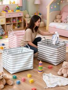 Striped Fabric Storage Bin With Handles, Collapsible Rectangular Organizer Basket, Baby Room Storage Box For Clothes, Toys And Nursery Items - Multicolor - View 3