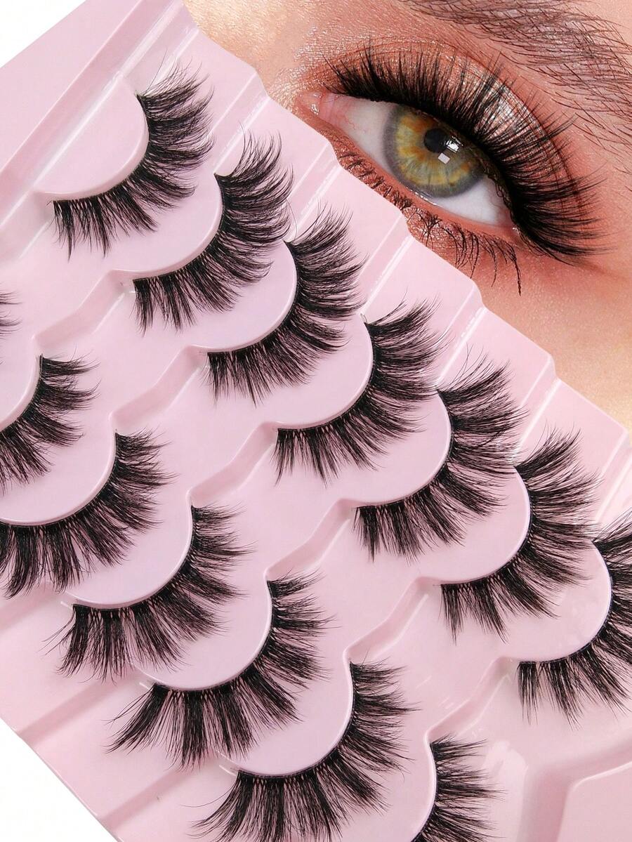 7 Pairs Cat Eye Eyelashes Clear Band Fluffy False Eyelashes Wispy 3D Fox Eye Lashes Winged End Eye Elongated Faux Mink Lashes Natural Look Crossed Eyelashes Lash Extension Makeup Beginner Friendly