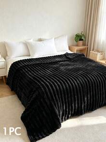 1pc Luxury Reversible Faux Fur Blanket - Comfortable Striped Flannel, Soft & Warm, Suitable For Napping, Office, Camping, Sofa Etc. - Multipurpose Polyester Bedspread, Medium Thickness, Suitable For All Seasons, Dimensions: 200*230cm - Black - View 3