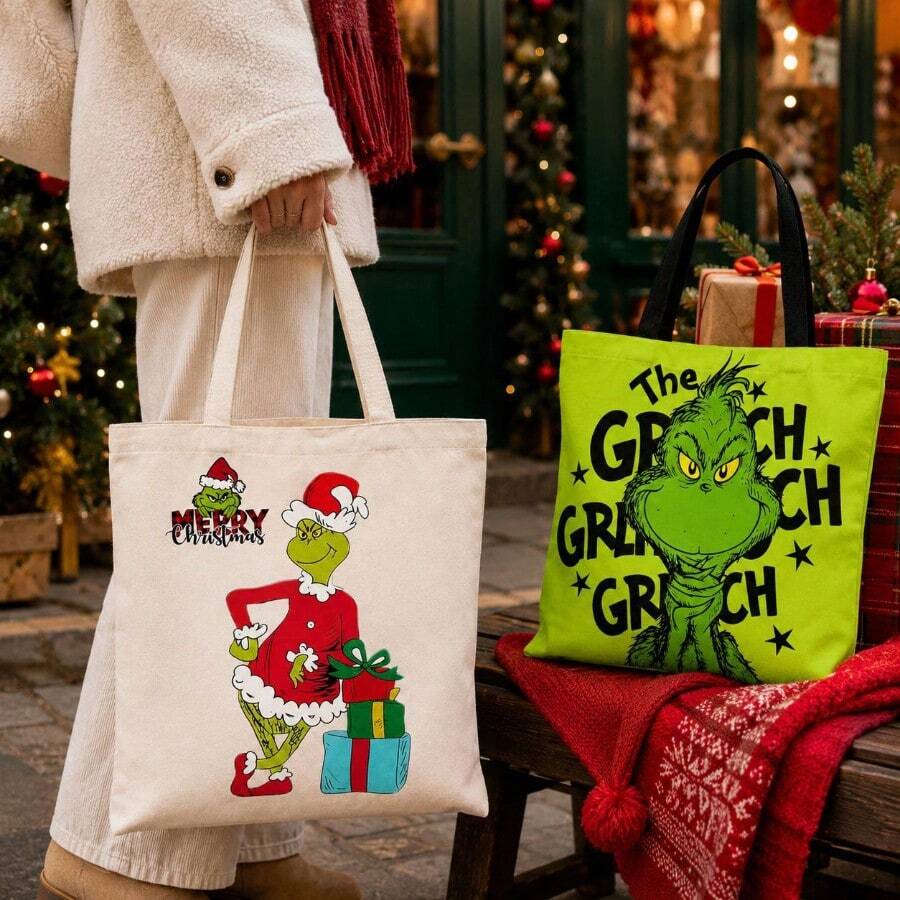 The Grinch Element Print Canvas Tote Bag, Large Capacity Commuter Shoulder Bag - Multicolor - View 1