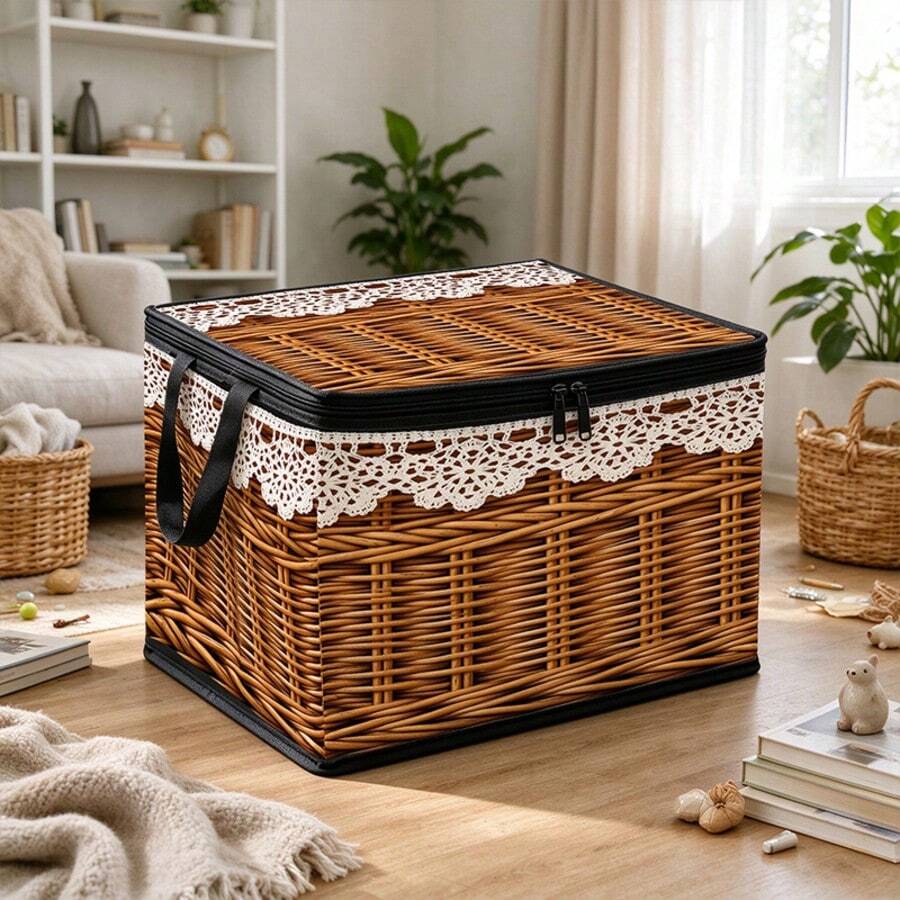 1pc Foldable Storage Box, 2D Printed Retro Rattan Lace Pattern, 200gsm Polyester Fabric With Zipper & Reinforced Handles, Large Capacity Organizer Bin For Dolls, Small Gadgets, Toys, Great For Playroom, Bedroom, Closet