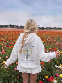 Women's White Loose Floral Print Long Sleeve Sweatshirt Sweatshirt With Pockets And Ribbed Details, Ideal For Spring And Autumn - White - View 1