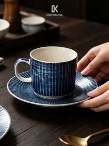 Japanese Style Blue Striped Ceramic Cup & Saucer Set, Vintage Indigo Blue Porcelain Coffee Cup With Saucer, Japanese Style Latte Espresso Tea Cup, Microwave Tableware, Suitable For Home Kitchen And Afternoon Tea - Blue - View 2